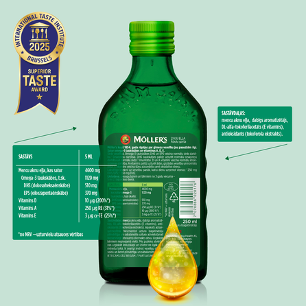 MOLLERS Cod liver Omega 3, obuolių skonio žuvų taukai, 250 ml