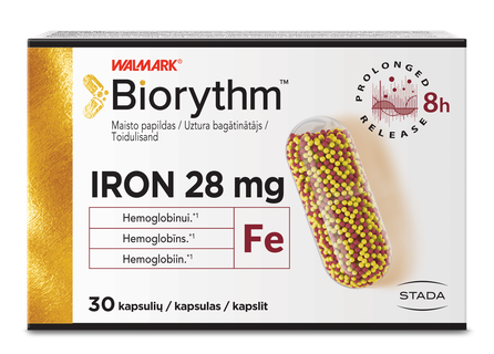 BIORYTHM IRON (prailginto veikimo geležis), 28 mg kapsulės, 30 vnt.