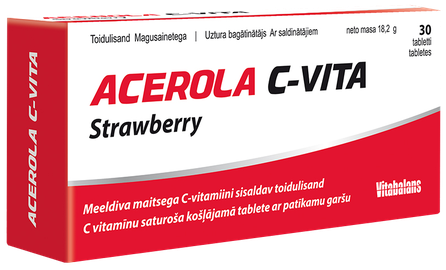 VITABALANS Acerola C-Vita Strawberry kramtomosios tabletės, 30 vnt.