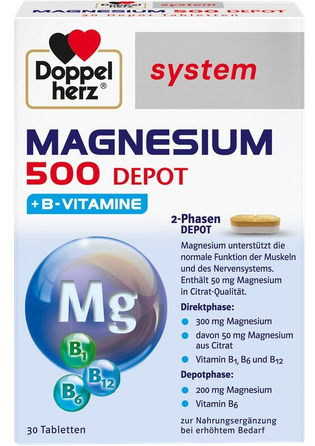 DOPPELHERZ Magnesium 500 Depot + B vitaminai tabletės, 30 vnt.