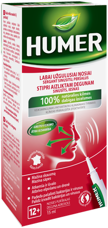 HUMER hipertoninis jūros vanduo labai užgulusiai nosiai purškiklis, 15 ml