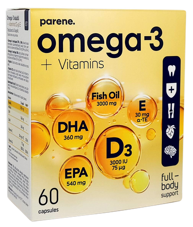 PARENE Omega-3+D3+E kapsulės, 60 vnt.
