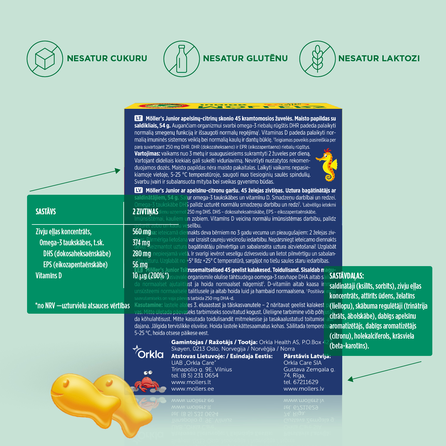 MOLLERS apelsinų–citrinų skonio žuvų taukų guminukai-žuvytės, 45 vnt.