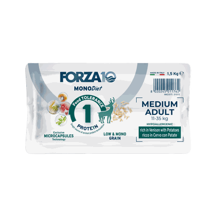 FORZA10 MonoDiet Medium Adult, su brėdiena ir bulvėmis, šunims sausas pašaras, 1.5 kg