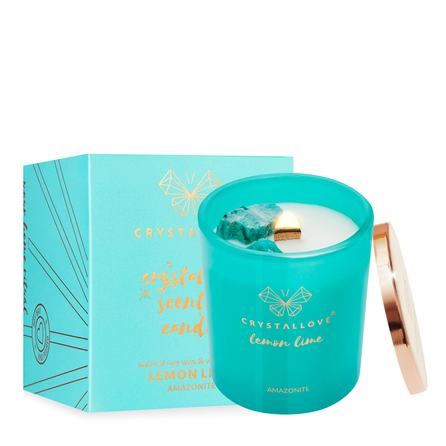CRYSTALLOVE Amazonite Soy Candle & Lemon Lime kvepianti žvakė, 400 g