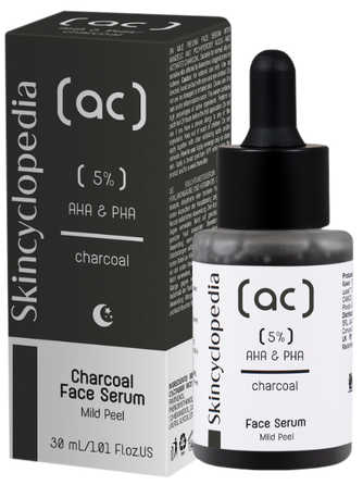 SKINCYCLOPEDIA Charcoal with 5% AHA + PHA Complex šveičiamasis serumas, 30 ml