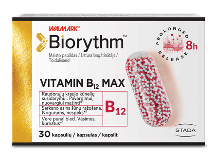 BIORYTHM VITAMIN B12 MAX  (prailginto veikimo vitaminas B12) kapsulės, 30 vnt.