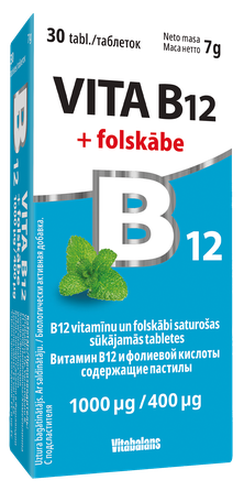 VITABALANS Vita B12 folio rūgštis 1000 µg /400 µg čiulpiamosios pastilės, 30 vnt.