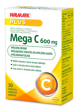 WALMARK   Mega C 600mg apelsinų skonio kramtomos tabletės, 30 vnt.