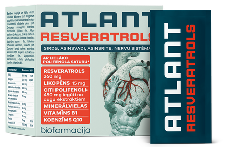 BIOFARMACIJA Atlant Resveratrols, širdies, kraujagyslių būklei palaikyti milteliai, 28 vnt.