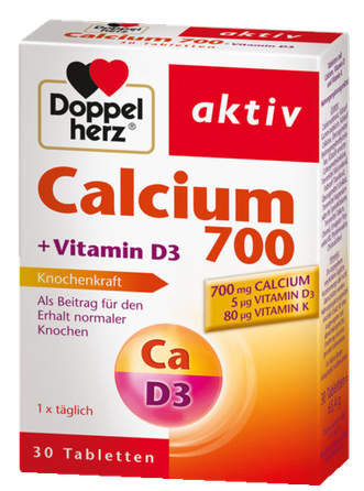 DOPPELHERZ Calcium 700 + Vitamin D3 tabletės, 30 vnt.