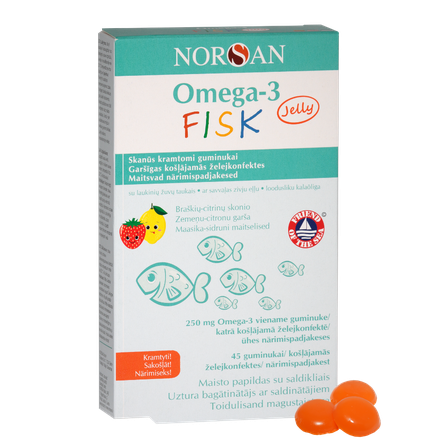 NORSAN Omega-3  braškių ir citrinų skonio guminukai, 45 vnt.