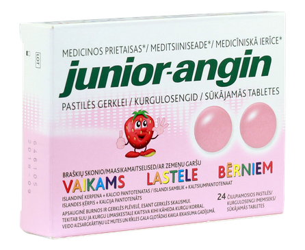 JUNIOR-ANGIN braškių skonio čiulpiamosios pastilės, 24 vnt.