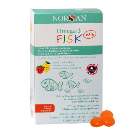 NORSAN Omega-3, braškių ir citrinų skonio guminukai, 120 vnt.