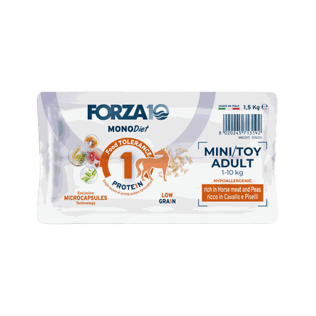 FORZA10 Monodiet Mini/Toy Adult su arkliena ir žirniais, šunims sausas pašaras, 1.5 kg
