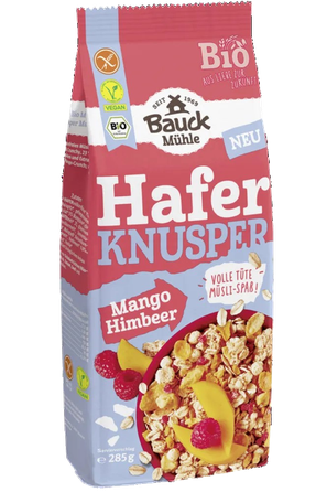 BAUCK HOF su mangais ir avietėmis, ekologiški, traškūs avižų dribsniai, 285 g