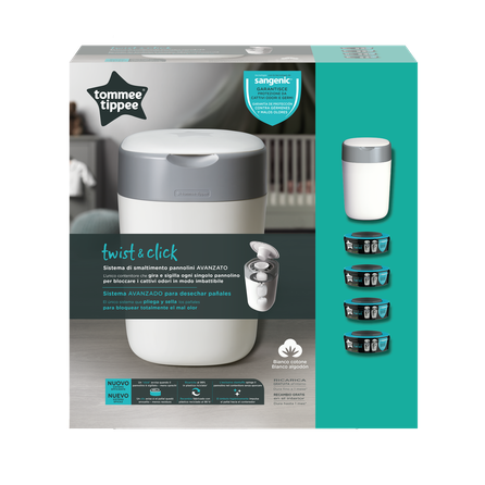 TOMMEE TIPPEE sangenic konteineris sauskelnėms Twist and Click Tub, su 4 kasetėm sauskelnių konteineris, 1 vnt.