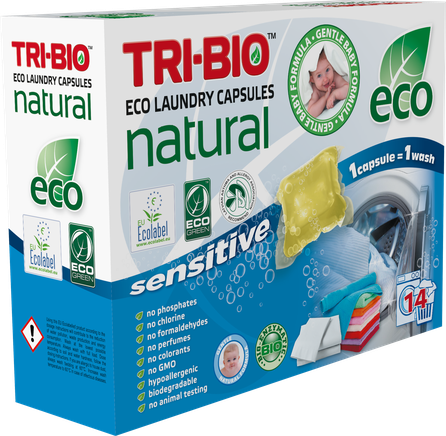 TRI-BIO Natural Sensitive kapsulės skalbimui, 14 vnt.