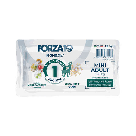 FORZA10 Monodiet Mini Adult su elniena ir bulvėmis, šunims sausas pašaras, 1.5 kg