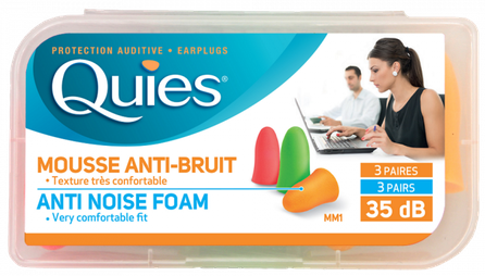 QUIES Colored Polyurethane Foam ausų kamštukai, 6 vnt.