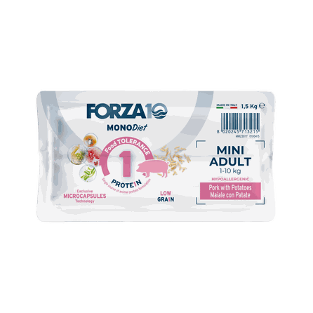 FORZA10 Monodiet Mini Adult su kiauliena ir bulvėmis, šunims sausas pašaras, 1.5 kg