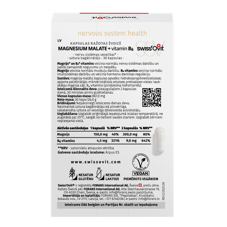SWISS OVIT Magnesium Malate 150 mg + Vit. B6 kapsulės, 30 vnt.