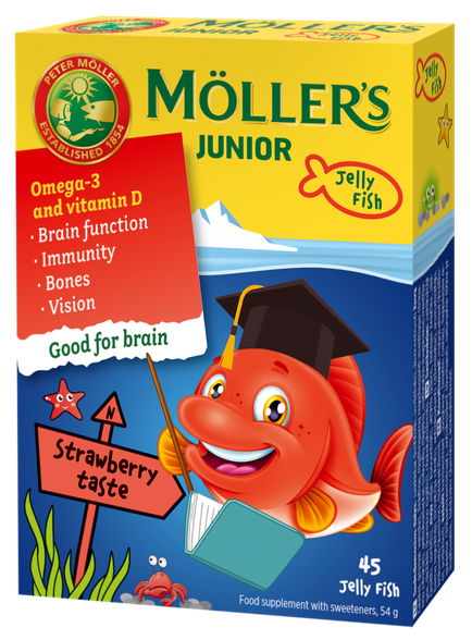 MOLLERS JUNIOR (strawberry flavor) guminukai-žuvytės, 45 vnt.