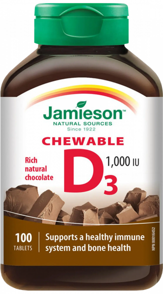 JAMIESON Vitamin D 1000 IU (25 µg) Chocolat kramtomosios tabletės, 100 vnt.