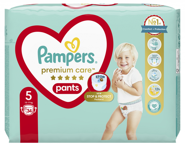 PAMPERS Premium Care 5 (12-17 kg) sauskelnės-kelnaitės, 34 vnt.