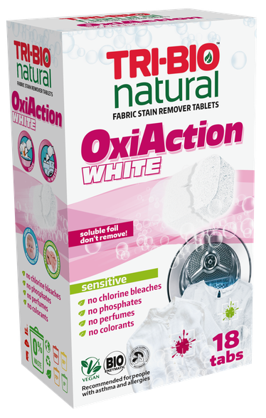 TRI-BIO OxiAction White tabletės dėmių valymui, 18 vnt.