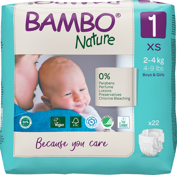 BAMBO BAMBO Nature sauskelnės, XS-1, 2-4 kg, 22 gab. sauskelnės, 22 vnt.