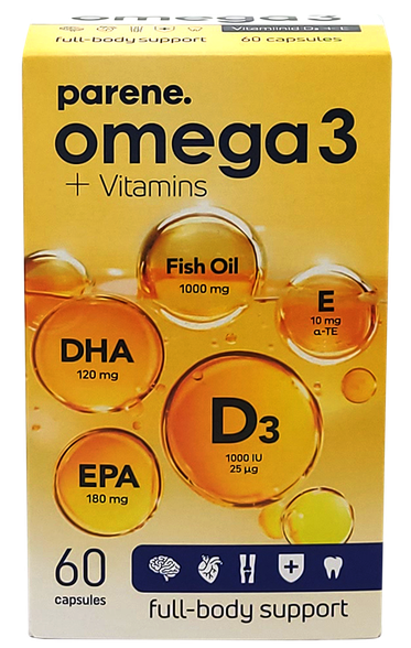 PARENE. Omega-3+D3+E kapsulės, 60 vnt.