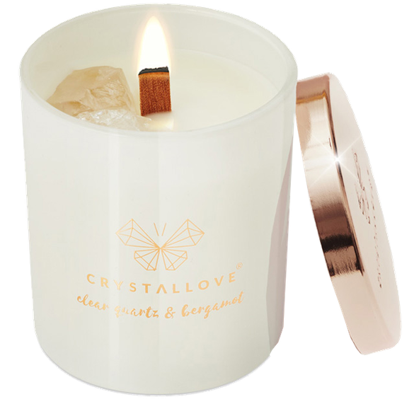 CRYSTALLOVE Clear Quartz & Bergamot Candle kvepianti žvakė, 1 vnt.