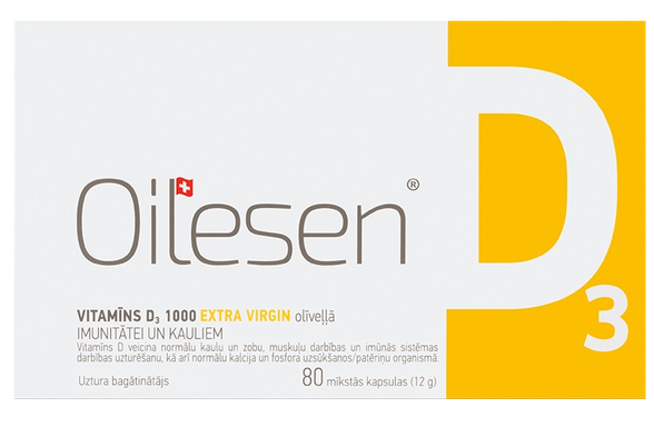 OILESEN  VITAMĪNS D3 1000SV minkštos gelio kapsulės, 80 vnt.