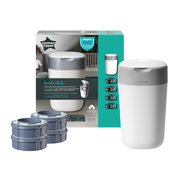 TOMMEE TIPPEE TOMMEE TIPPEE sangenic konteineris sauskelnėms Twist and Click Tub, su 4 kasetėm sauskelnių konteineris, 1 vnt.