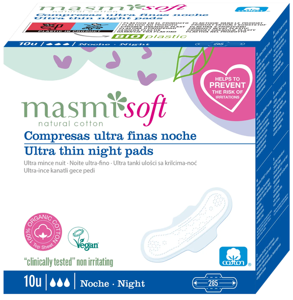 MASMI Organic Cotton, Soft Ultrathin Night With Wings įklotai, 10 vnt.