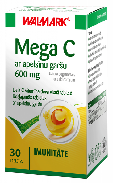 WALMARK   Mega C 600mg apelsinų skonio kramtomos tabletės, 30 vnt.