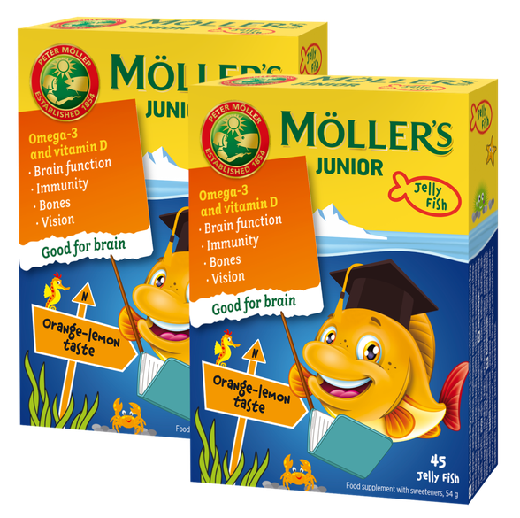 MOLLERS JUNIOR (orange-lemon flavor) (1+1) guminukai-žuvytės, 45 vnt.