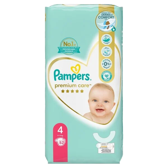 PAMPERS Premium Care 4 Maxi  9 - 14 kg sauskelnės, 52 vnt.