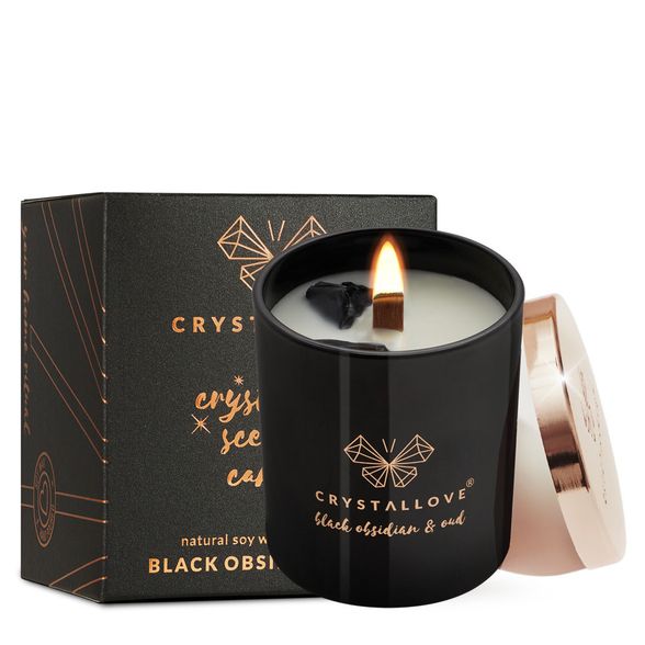 CRYSTALLOVE Black Obsidian & Oud Soy kvepianti žvakė, 1 vnt.