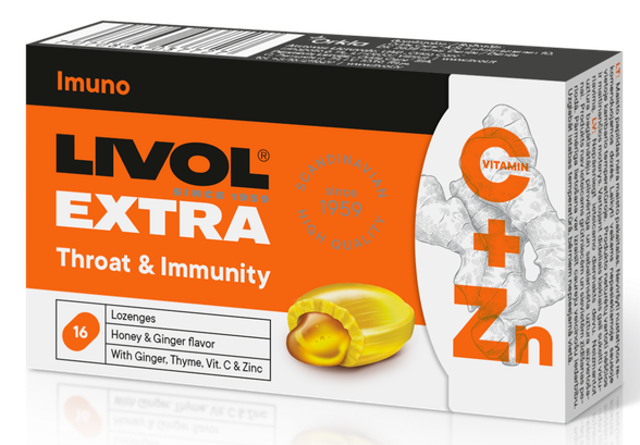 LIVOL  EXTRA Throat & Immunity Ginger-Honey pastilės, 16 vnt.