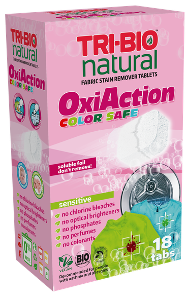 TRI-BIO OxiAction Color Safe tabletės dėmių valymui, 18 vnt.