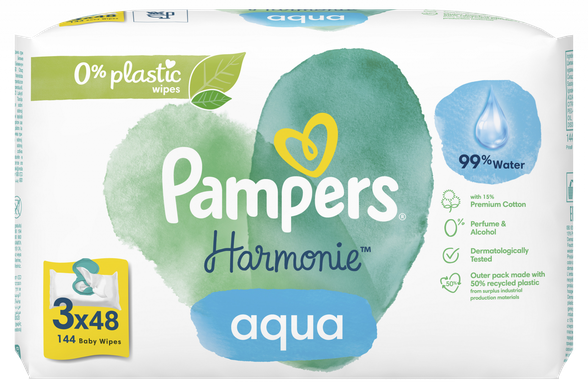 PAMPERS Harmonie Aqua (3x48) drėgnos servetėlės, 144 vnt.