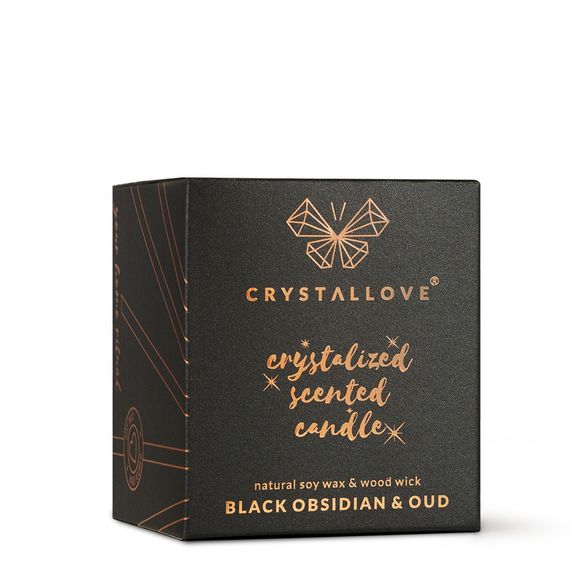 CRYSTALLOVE Black Obsidian & Oud Soy kvepianti žvakė, 1 vnt.