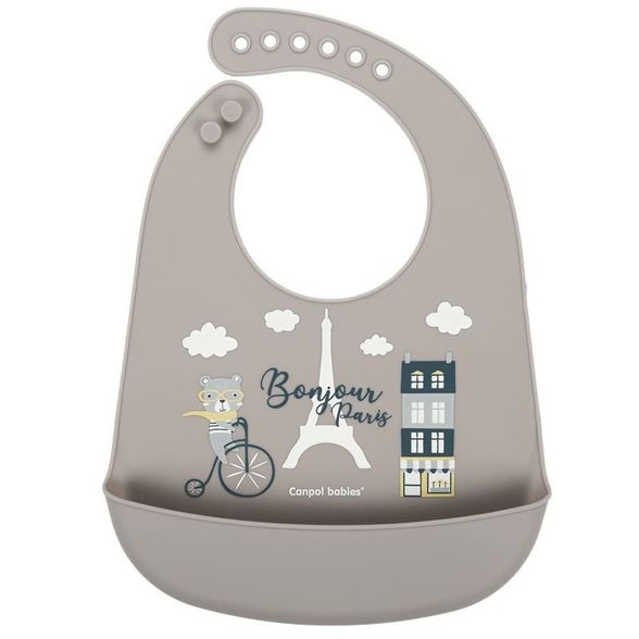 CANPOL  CANPOL BABIES silikoninis seilinukas su kišene BONJOUR PARIS, navy beige seilinukas, 1 vnt.