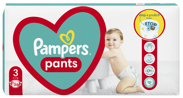 PAMPERS Maxi Pack 3 (6-11 kg) sauskelnės-kelnaitės, 56 vnt.