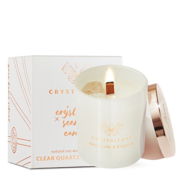 CRYSTALLOVE Clear Quartz & Bergamot Candle kvepianti žvakė, 1 vnt.