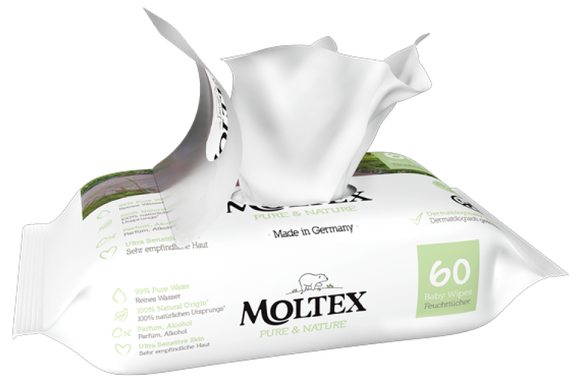 MOLTEX Pure & Nature drėgnos servetėlės, 60 vnt.