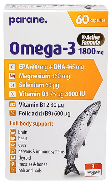 PARANE. Omega-3 1800 mg + Magnesium + Selenium + Vitamin D3 kapsulės, 60 vnt.