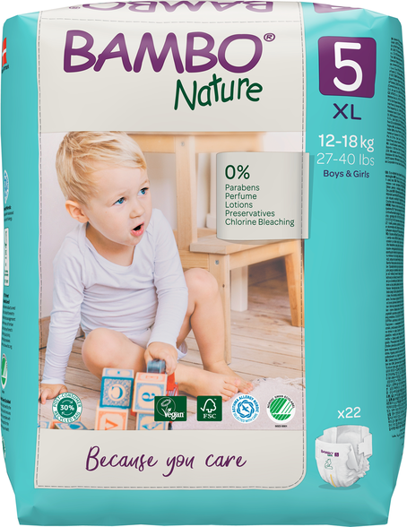 BAMBO Nature  XL-5 (12-18 kg) sauskelnės, 22 vnt.